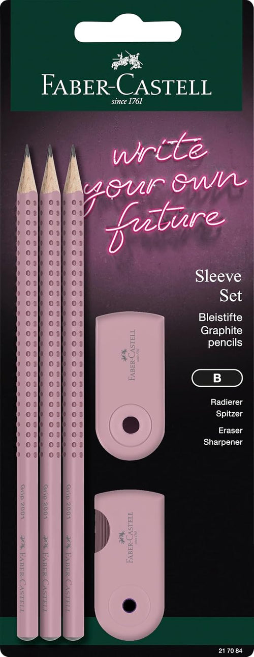 Faber-Castell Sleeve Schreibset Rose Shadows mit drei Bleistiften, Radierer und Spitzer